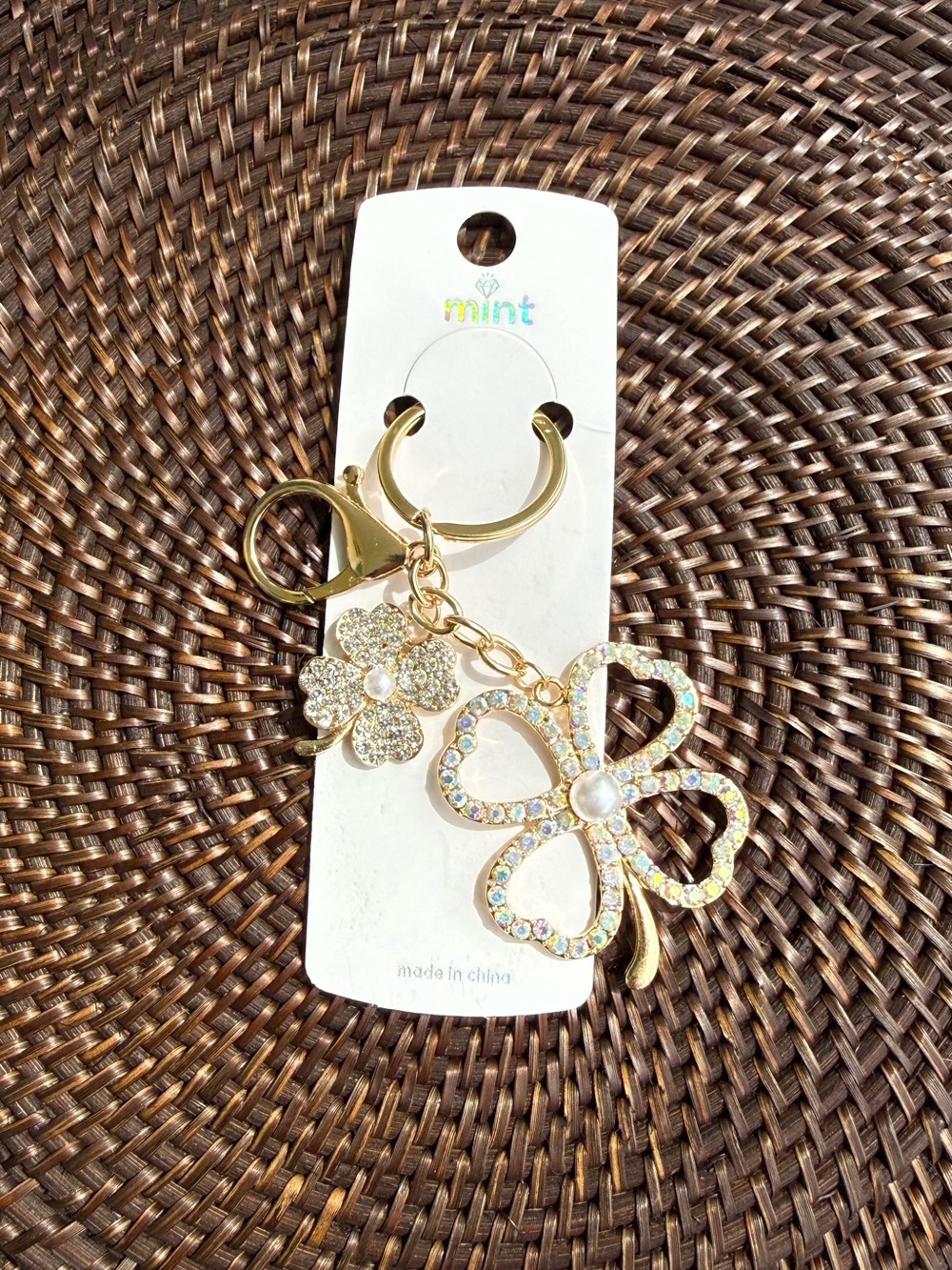 Mint Gold-tone Clover Key Ring with Crystal and Pearl Accents